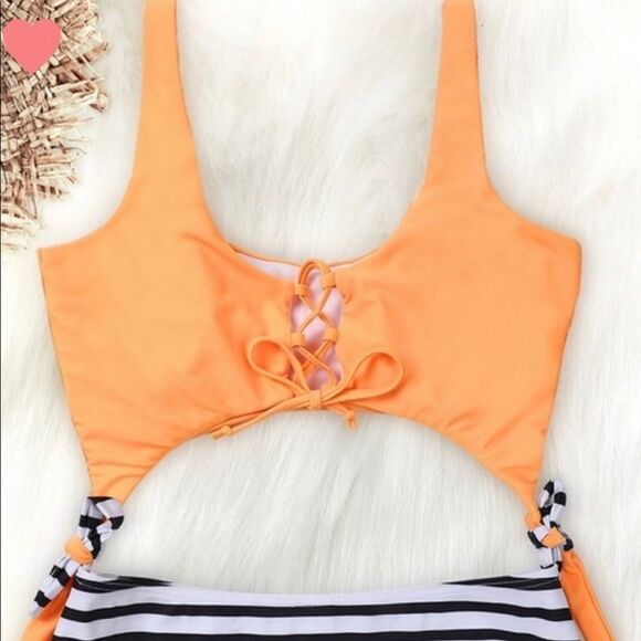 New! Vibrant Orange Stipe Bottom Bikini Or One Piece Tie Bow Sides Swimsuit - Picture 6 of 8